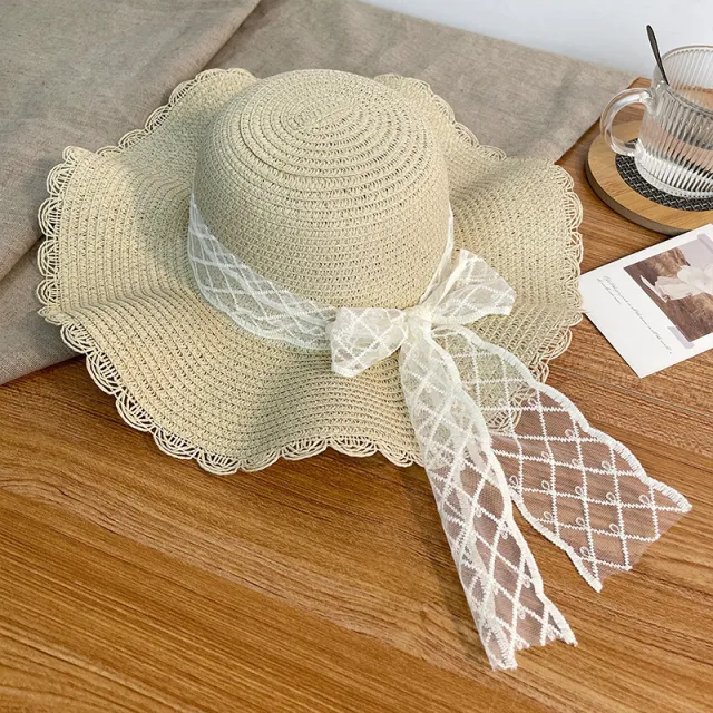 Sun proof Bow Lace Straw Hat For Women Beige - Shop at LoveMi
