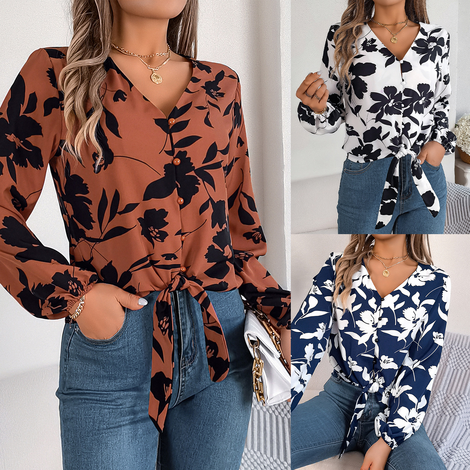 Floral Lantern-sleeve Lace-up Chiffon Blouse Top