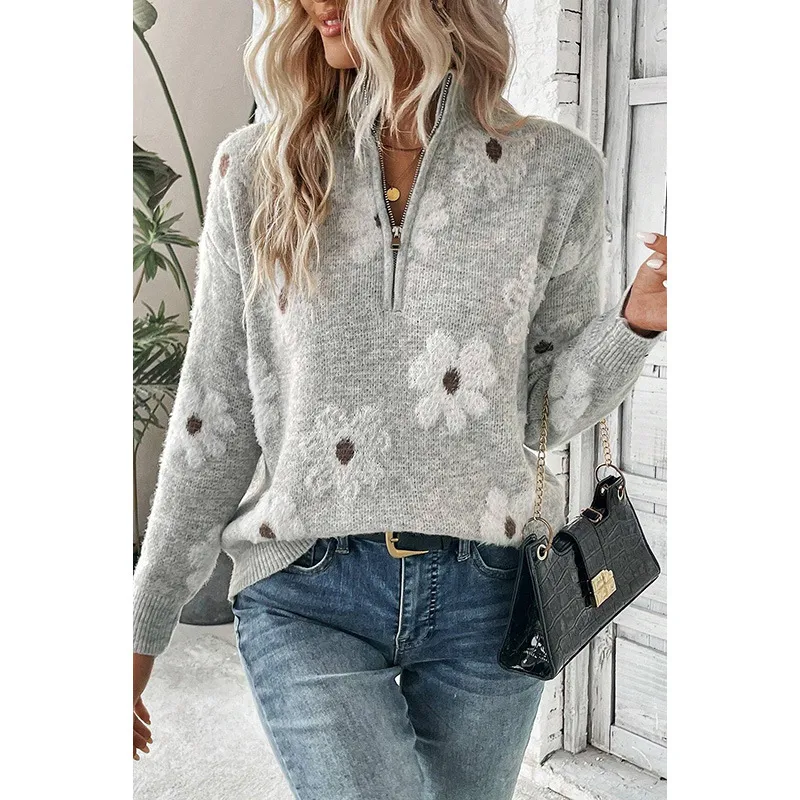 Women's Off-shoulder Sweater All-match Floral Printed Long-sleeved Top - Grey