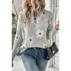 Women's Off-shoulder Sweater All-match Floral Printed Long-sleeved Top - Grey - View 1