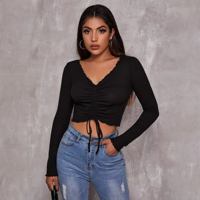 European And American V neck Long sleeved T shirt Black - Shop at LoveMi