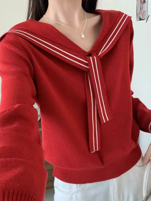 Sailor Collar Lace up Striped Knitted Coat Women's Sweater Rouge Color - Shop at LoveMi