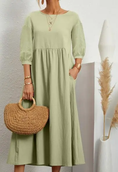 Lantern Sleeve Loose Cotton And Linen Pocket Dress Green - Shop at LoveMi