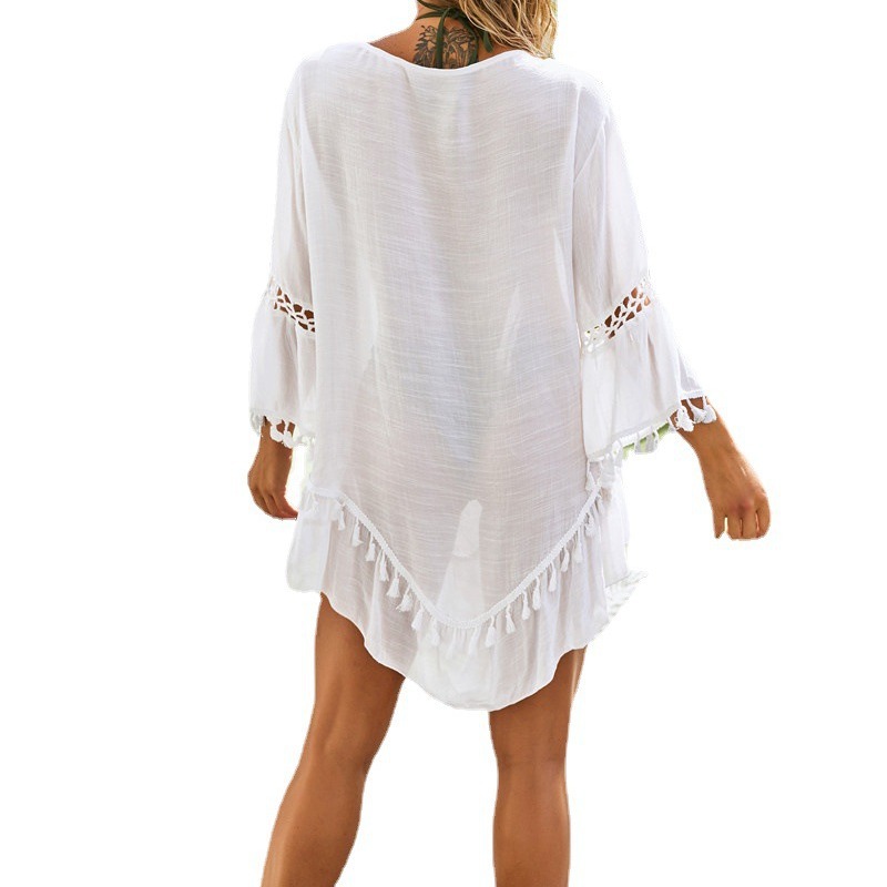Hand-knitted Large Floral Openwork Tassel Beach Cover-up