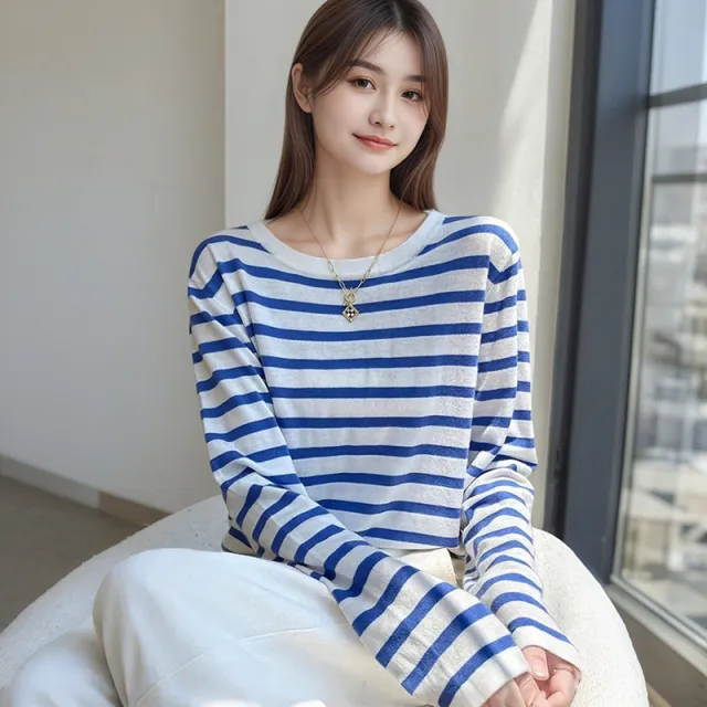 Lazy Style Long Sleeve T shirt Knitwear Women Blue - Shop at LoveMi