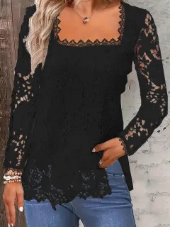 European And American Fashion Women's Wear Short-sleeved Lace Top Solid Colour T-shirt - Black - View 1