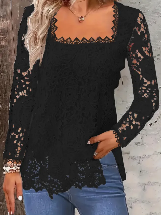 European And American Fashion Women's Wear Short sleeved Lace Top Solid Color T shirt Black - Shop at LoveMi