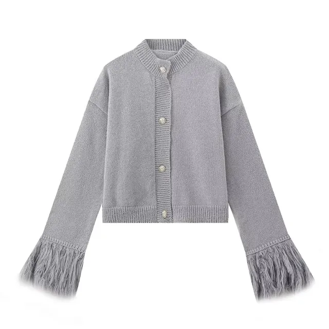 Mid length Cuff Fur Stitching Cardigan Sweater Gray - Shop at LoveMi