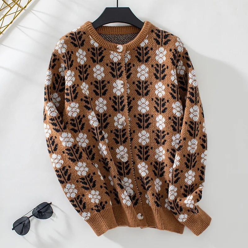 Lady's Flower Jacquard Sweater Cardigan Coat - Camel