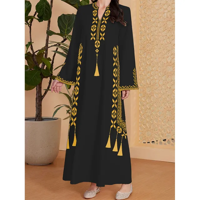 Women's Printed V neck Robe Arabic Ethnic Print Dress Black - Shop at LoveMi