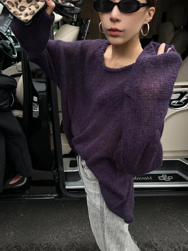 Idle Style Round Neck Hollow Out Sweater Women's Autumn Gentle Loose Solid Color Pullover Sweater Top Purple - Shop at LoveMi