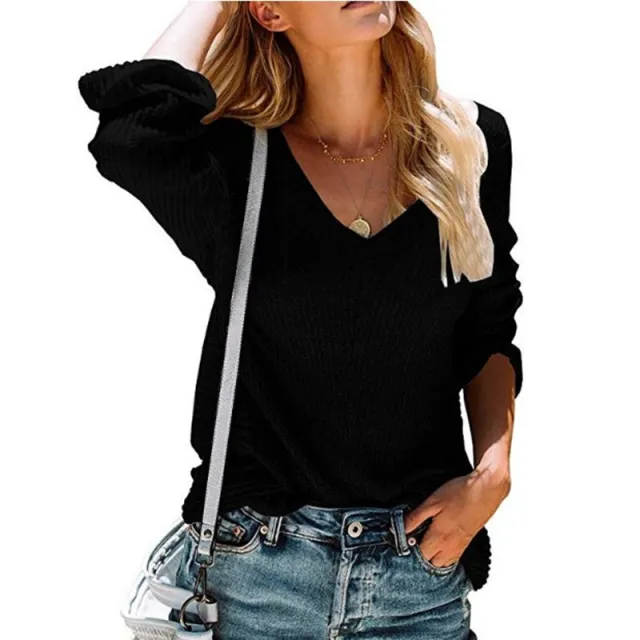 Women's V neck Autumn And Winter New Long sleeved Wool Top Black - Shop at LoveMi