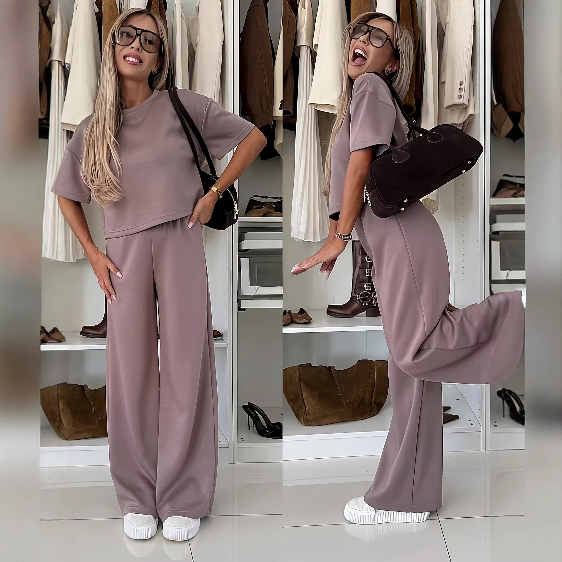 Short-sleeve Top And Wide-leg Pants Rose-pink Two-piece Womens Set