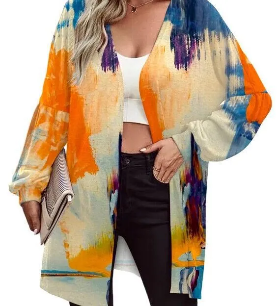 Women's Printed Long Sleeve Fashion Cardigan - Orange