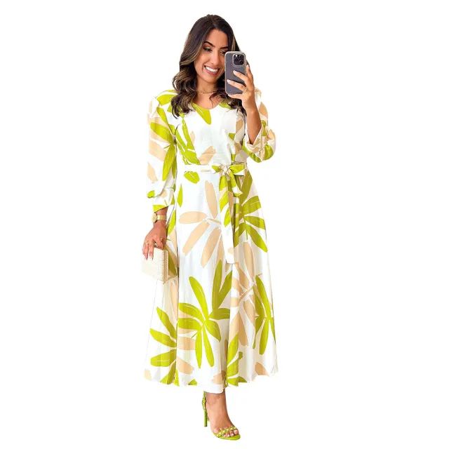 Women's Loose Fit Casual Waist Cinching Printed Long Sleeve Dress With Drawstring Yellow - Shop at LoveMi