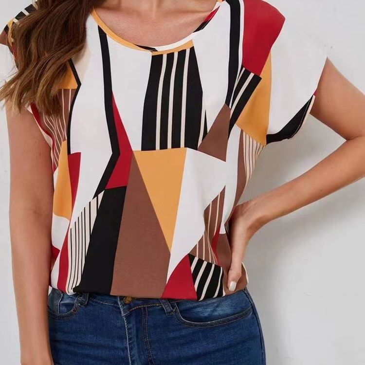 Loose Round Neck Geometric Pattern Printed Short Sleeve