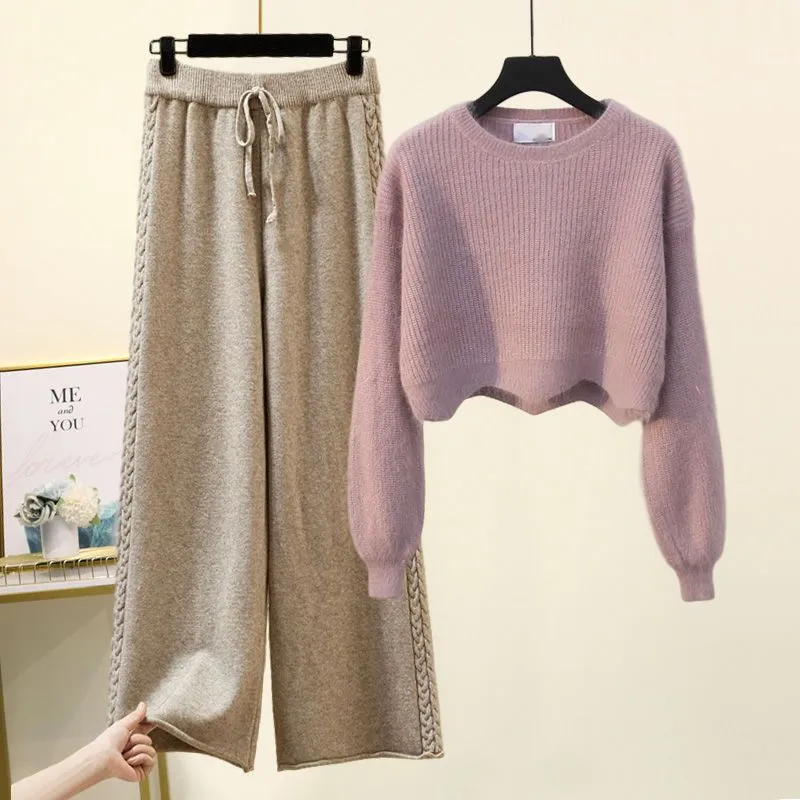 Autumn And Winter Set Knitted Sweater Slimming All-match Wide Leg Pants Suit - Pink Sweater Suit
