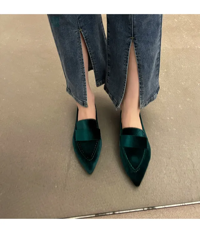 Korean Style Pointed Toe Square Heel Casual Pumps Women Green - Shop at LoveMi