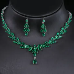 Elegant Long Horse Eye Water Drop Zircon White Gold Necklace Earrings Jewellery Suit - Two Piece Set Of Green - View 1