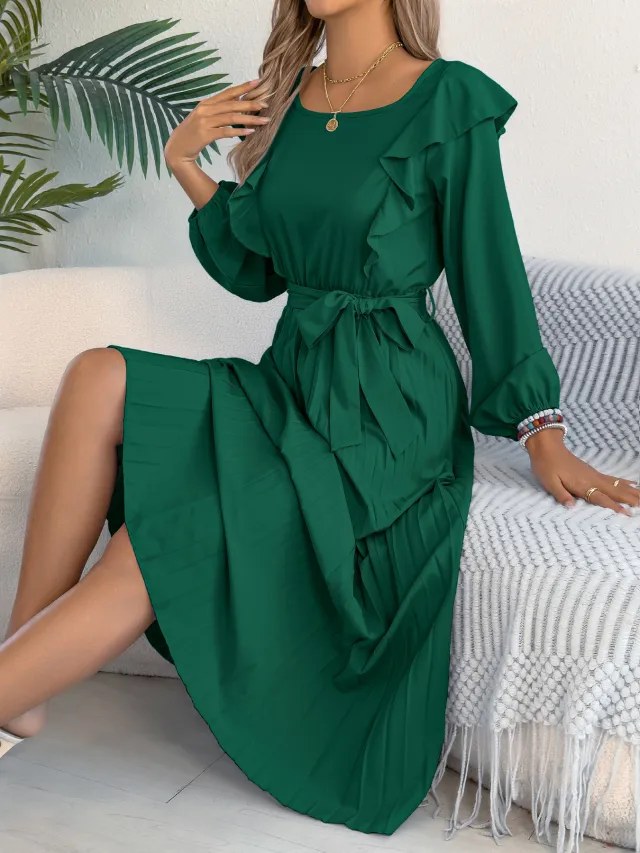 Elegant Ruffled Square neck Long sleeved Waist pleated Dress Green - Shop at LoveMi