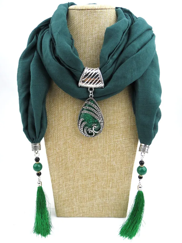 Ethnic Style Peacock Pendant Gem Tassel Scarf Shawl Autumn And Winter Women's Scarf Spearmint - Shop at LoveMi