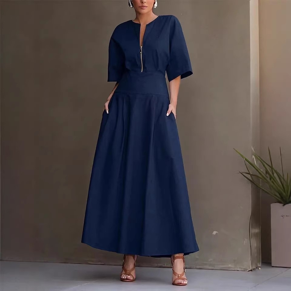 Solid-color Dress Flared Maxi Skirt Fashionable And Casual