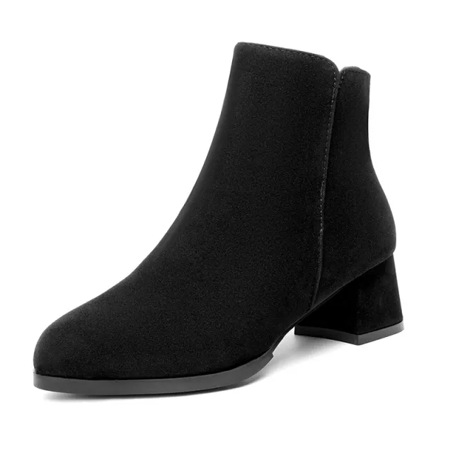 Pointed toe Frosted Suede Side Zipper Chunky Heel Mid Heel Plus Size Female Boots Black - Shop at LoveMi
