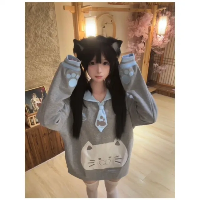 Japanese Cloud Cat Embroidered Cute Navy Collar Long Sleeve Tie Sweater Red - Shop at LoveMi