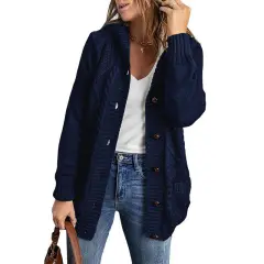 Women's Winter Solid Color Mid-length Cardigan Sweater Coat - 105 Dark Blue - View 1