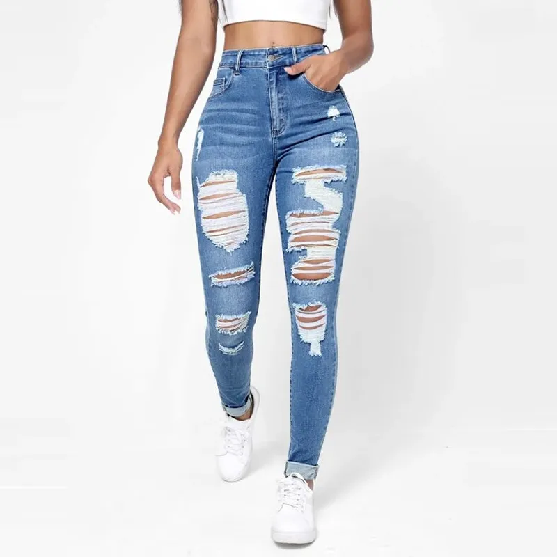 Skinny Jeans Women's High Waist Slim Fit Slimming Holes Skinny Pants - Blue
