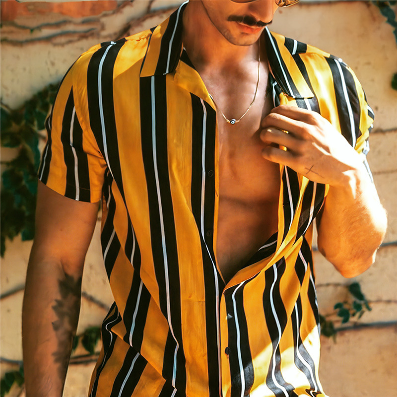 Printed Hawaiian Style Simple Striped Lapel Mens Shirt