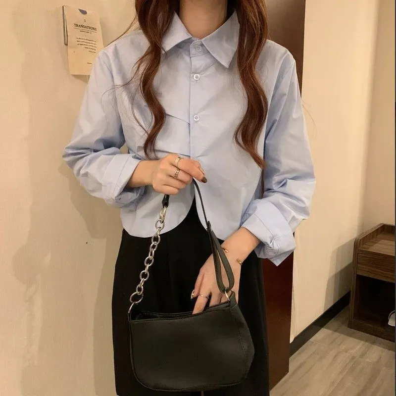 French White Shirt Women's Spring Design Sense Niche Shirt Temperament High Sense Chic Beautiful Short Long Sleeve Top - Sky Blue