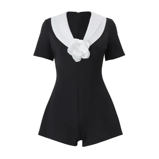 Womens Sexy Contrasting Color Waist Cinching Short Sleeve Jumpsuit Shorts Black - Shop at LoveMi