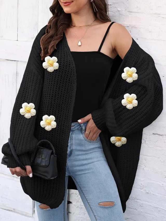Women's Thick Coat Thick Needle Woven Sweater Black 6 Big Flowers - Shop at LoveMi