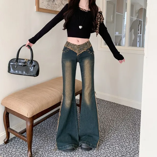 Vintage Rose Stitching Edging Skinny Jeans Blue - Shop at LoveMi