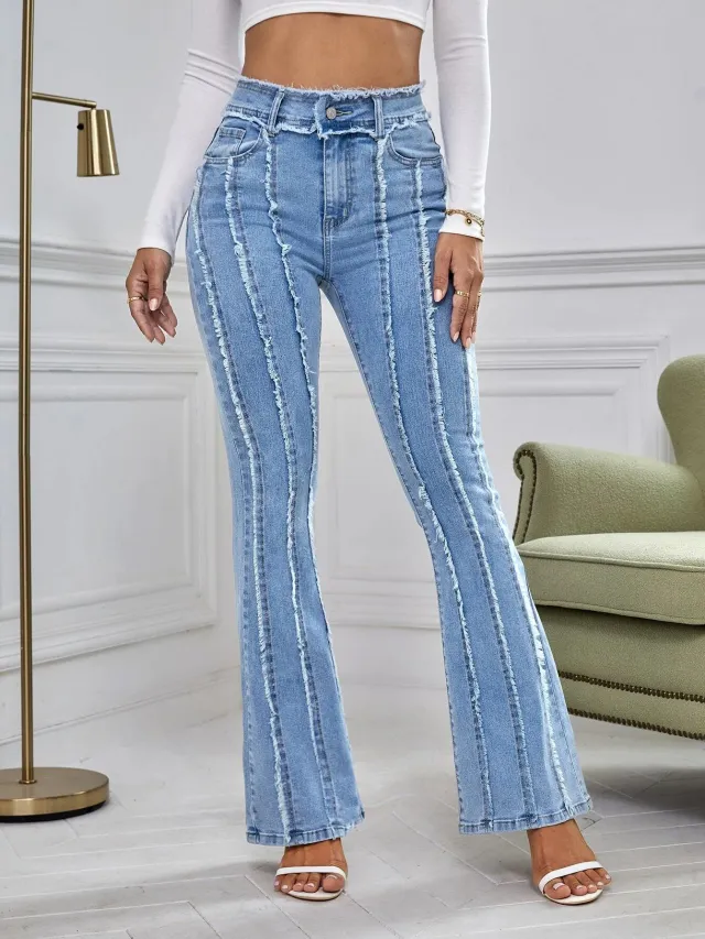 New Slightly Flared Wadding Edge Jeans For Women Blue - Shop at LoveMi
