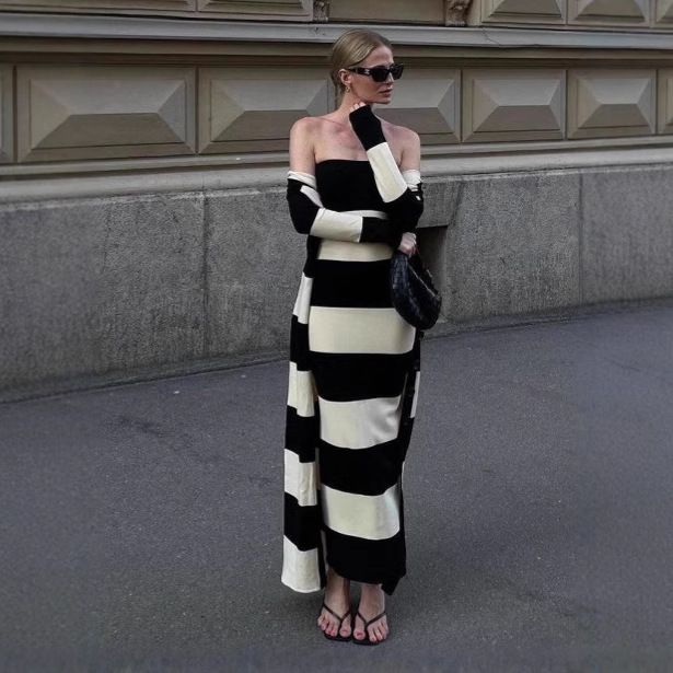 Womens Knitted Color-Block Sexy Bodycon Striped Sheath Dress