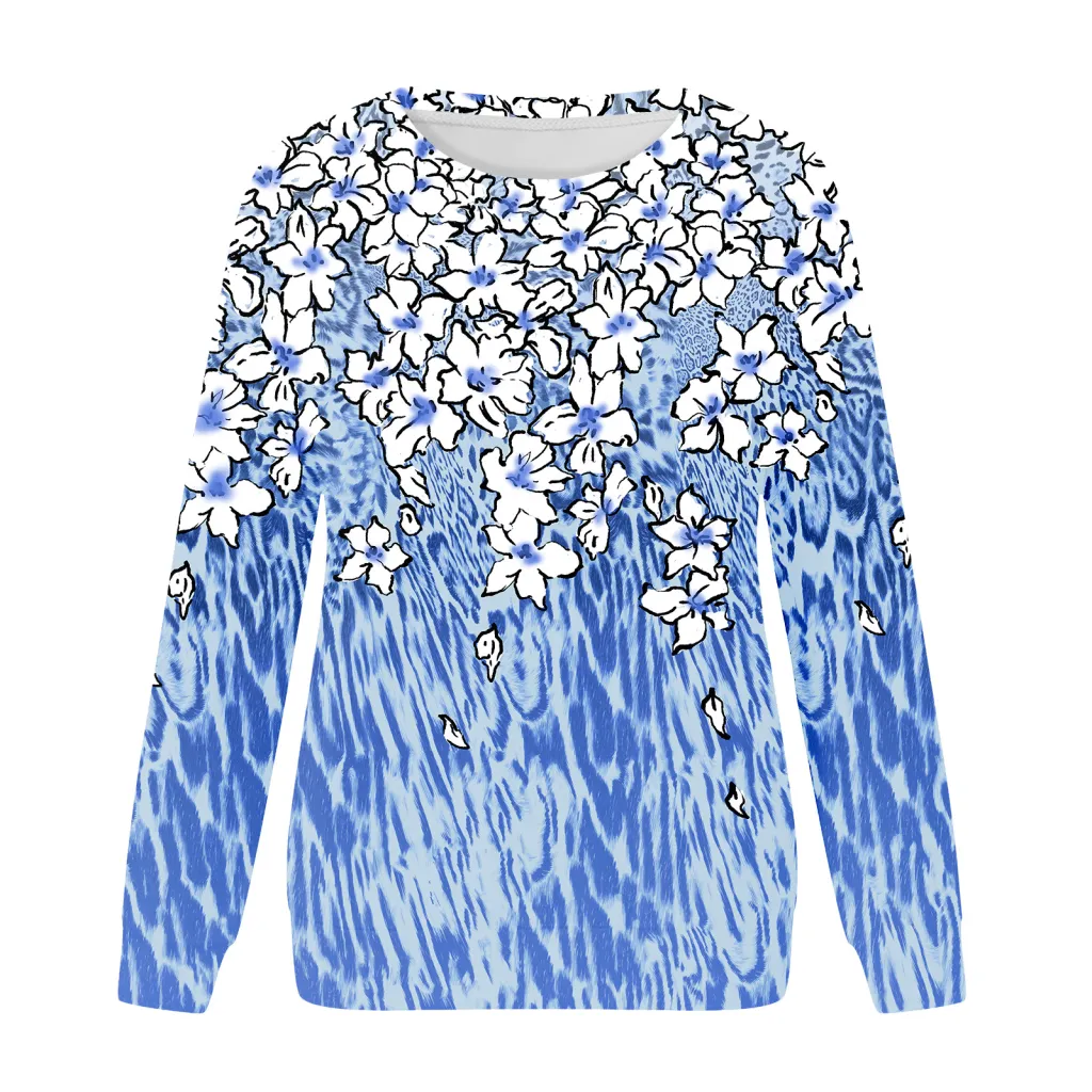 Printed Casual Long Sleeve Pullover Hoodie - Blue Pattern