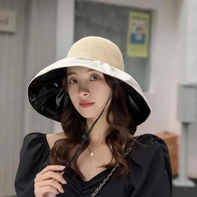Black Rubber Female UV Protection Face Cover Folding Sun Hat Khaki - Shop at LoveMi