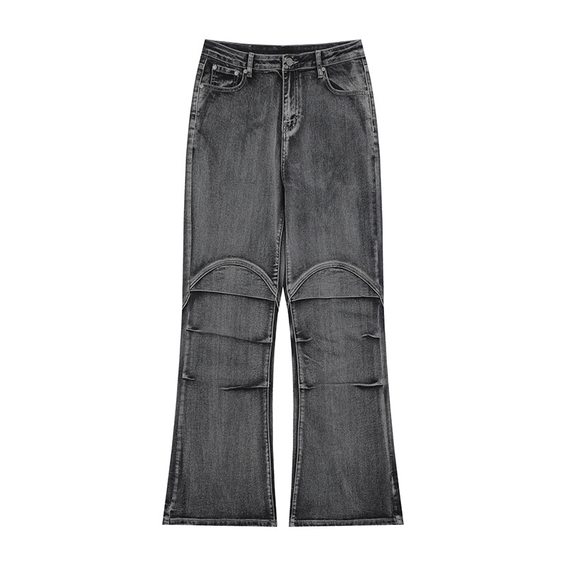 Pants Fashion Brand Washed Old Pleated Slightly Flared Jeans Gray - Shop at LoveMi