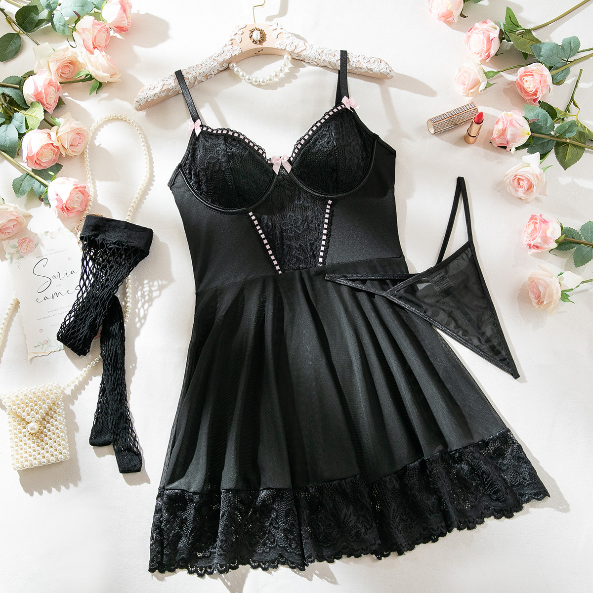 Sexy Lingerie Nightdress Lace Stitching Lace Body Shaping Sexy Lingerie Three piece Set Black - Shop at LoveMi