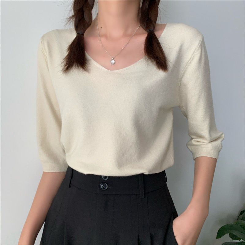 Ice Silk Sweater Women's Three-quarter Sleeve Top