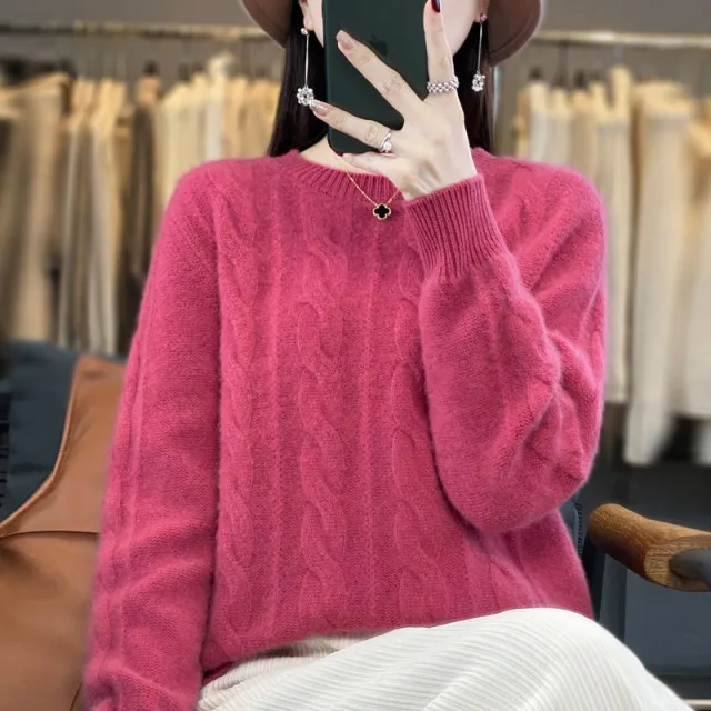 Women's Cable knit Sweater Knitwear Top Pullover Solid Color Bottoming Shirt Raspberry - Shop at LoveMi