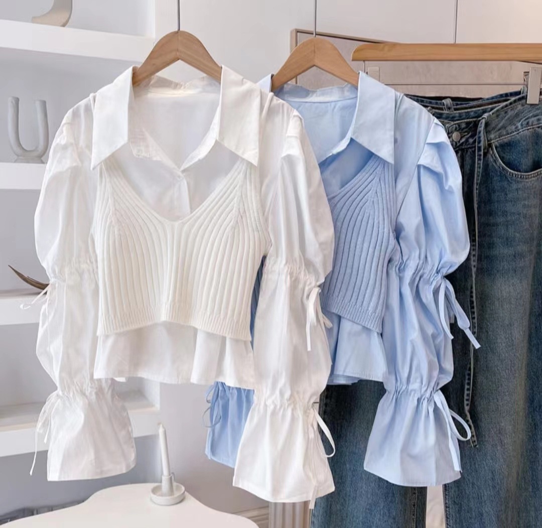 Suspender Shirt Two-piece French Bell Sleeve Short Top For Women