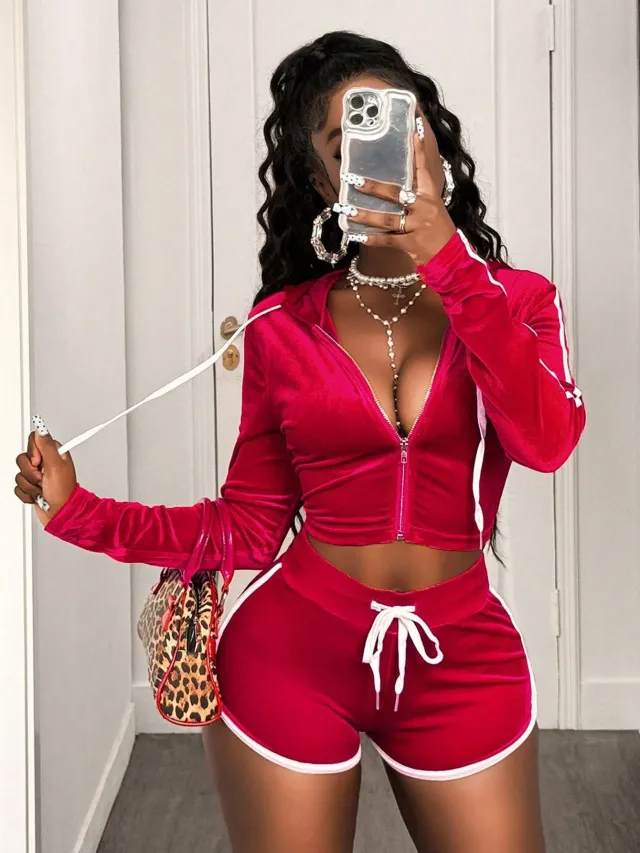Autumn Fashion Women's Solid Color Long Sleeve Hooded Sport Shorts Set Red - Shop at LoveMi