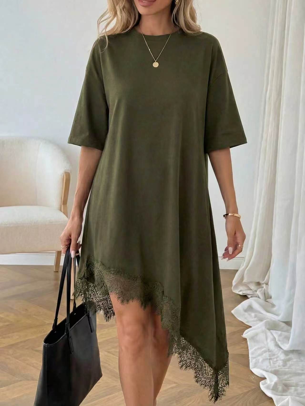 Women's Asymmetric Lace Trim Dress – Army Green colorway lifestyle shot