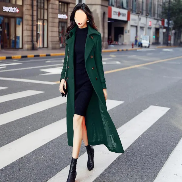 Solid Color Wool Coat Women's Long Slim Knee length Padded Thick Wool Overcoat Green - Shop at LoveMi