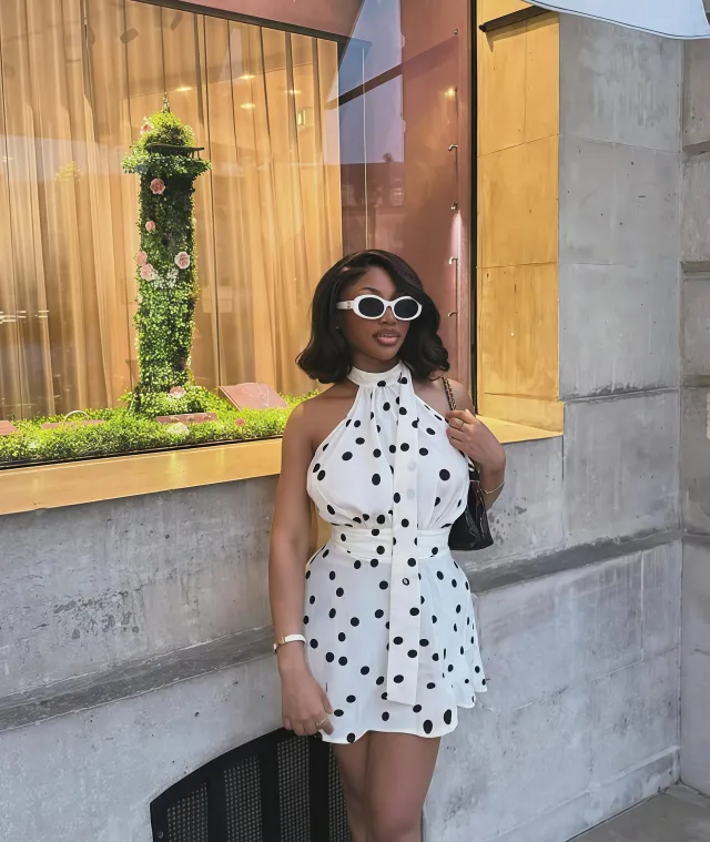 Neck hanging Backless Polka dot Printed Waist cinching Short Dress White - Shop at LoveMi