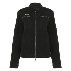 Washed-out Vintage Denim Jacket Simple Casual Zipper Pocket All-matching Long Sleeve Coat - Black - View 1