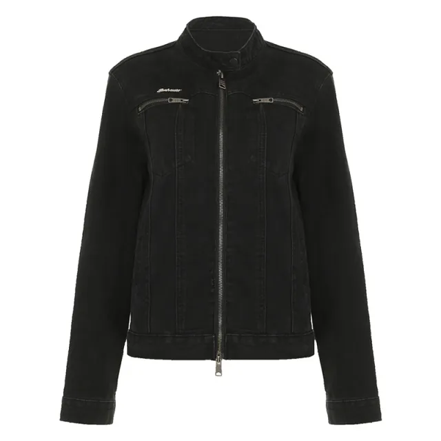 Washed out Vintage Denim Jacket Simple Casual Zipper Pocket All matching Long Sleeve Coat Black - Shop at LoveMi